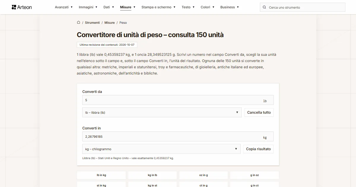 Screenshot dello strumento gratuito Arteon: Convertitore di unità di peso – consulta 150 unità