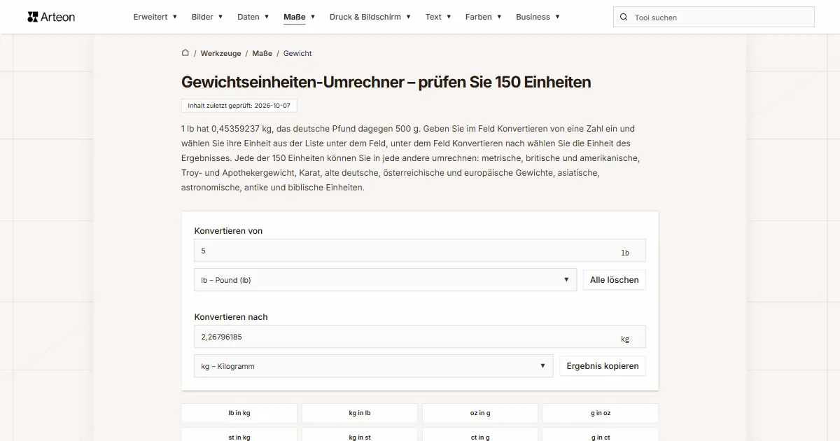 Screenshot des kostenlosen Arteon-Werkzeugs: Gewichtseinheiten-Umrechner – prüfen Sie 150 Einheiten