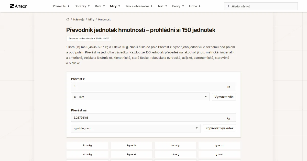 Snímek obrazovky bezplatného nástroje Arteon: Převodník jednotek hmotnosti – prohlédni si 150 jednotek