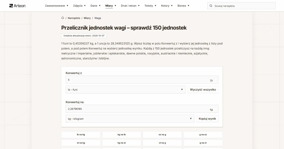 Zrzut ekranu darmowego narzędzia Arteon: Przelicznik jednostek wagi – sprawdź 150 jednostek