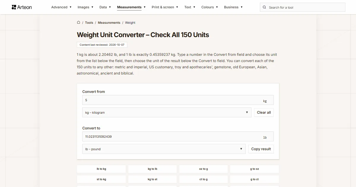 Arteon free tool screenshot: Weight Unit Converter – Check All 150 Units