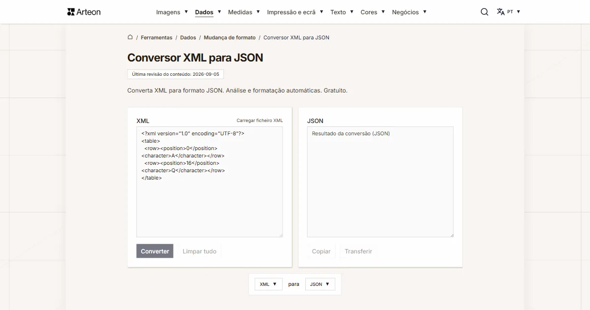 Captura de ecrã da ferramenta gratuita da Arteon: Conversor XML para JSON