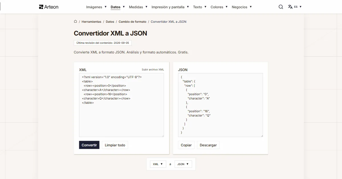 Captura de pantalla de la herramienta gratuita de Arteon: Convertidor XML a JSON