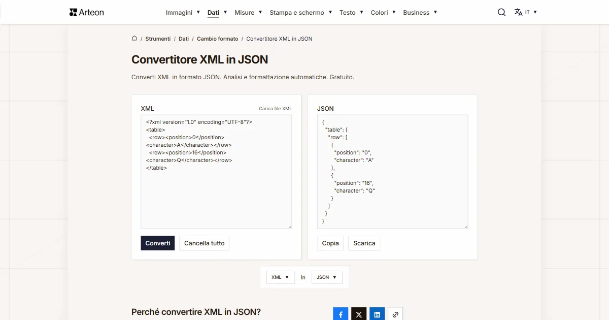 Screenshot dello strumento gratuito Arteon: Convertitore XML in JSON