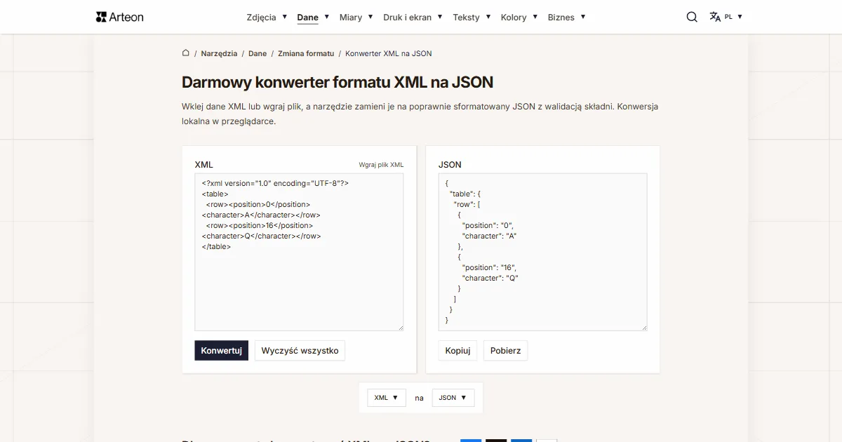 Zrzut ekranu darmowego narzędzia Arteon: Darmowy konwerter formatu XML na JSON