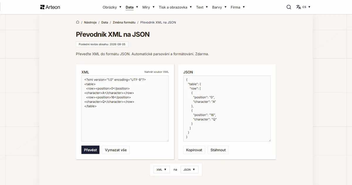 Snímek obrazovky bezplatného nástroje Arteon: Převodník XML na JSON