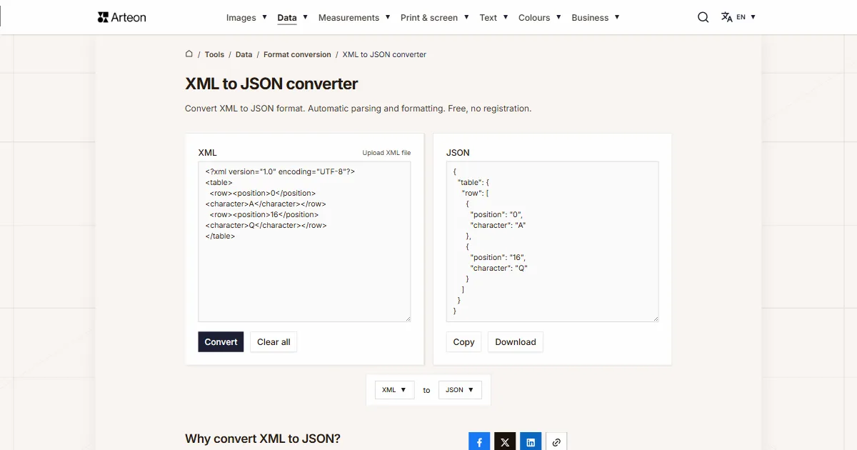 Arteon free tool screenshot: XML to JSON converter