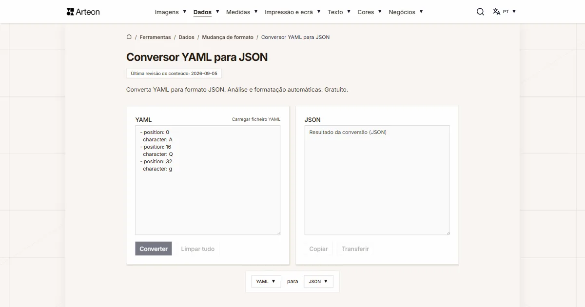 Captura de ecrã da ferramenta gratuita da Arteon: Conversor YAML para JSON