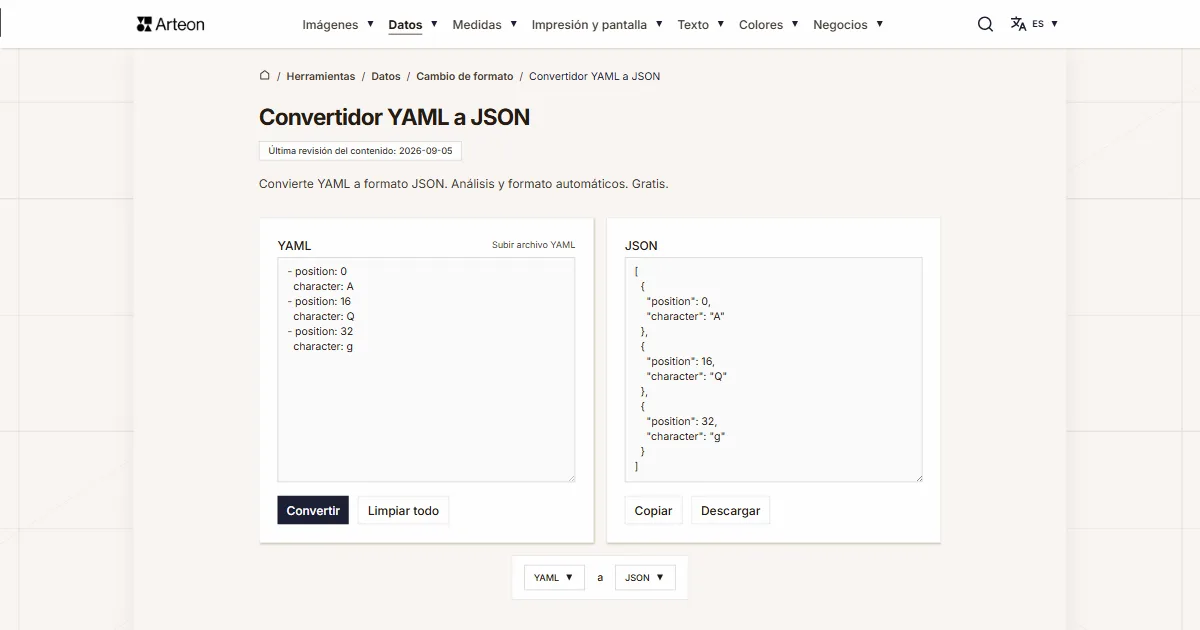 Captura de pantalla de la herramienta gratuita de Arteon: Convertidor YAML a JSON