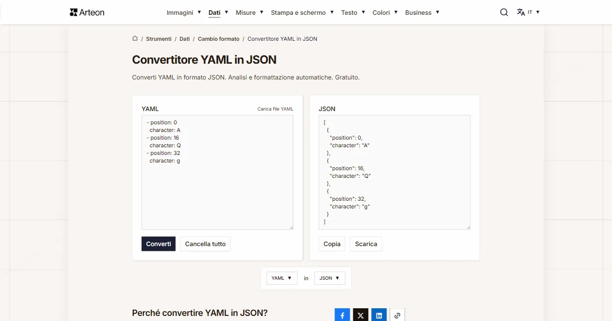 Screenshot dello strumento gratuito Arteon: Convertitore YAML in JSON