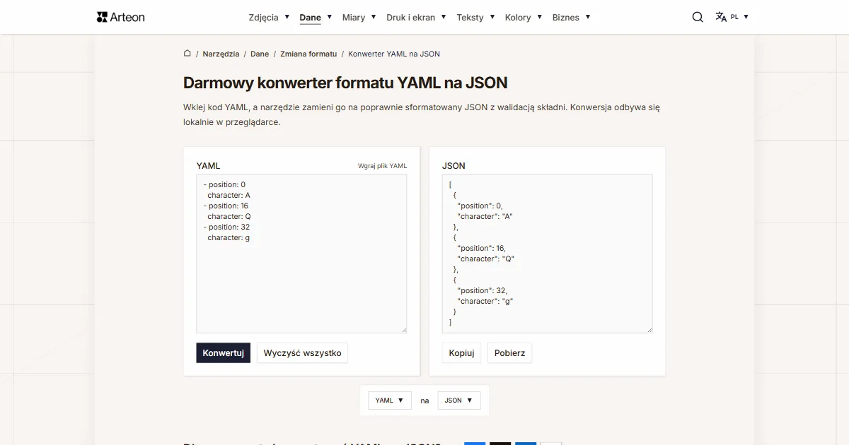 Zrzut ekranu darmowego narzędzia Arteon: Darmowy konwerter formatu YAML na JSON