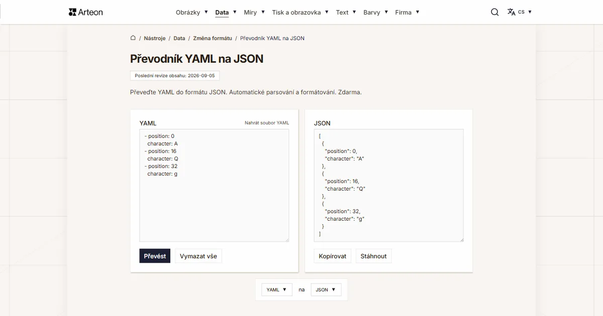Snímek obrazovky bezplatného nástroje Arteon: Převodník YAML na JSON