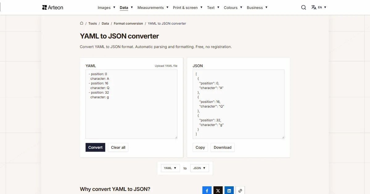 Arteon free tool screenshot: YAML to JSON converter