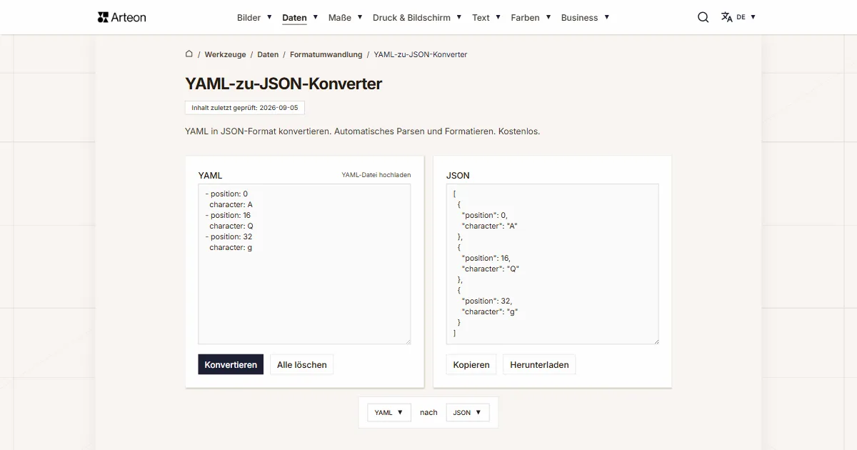 Screenshot des kostenlosen Arteon-Werkzeugs: YAML-zu-JSON-Konverter