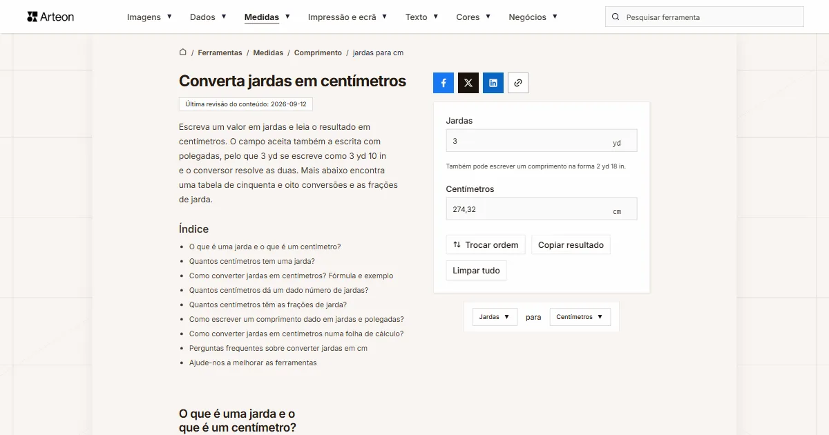 Captura de ecrã da ferramenta gratuita da Arteon: Converta jardas em centímetros