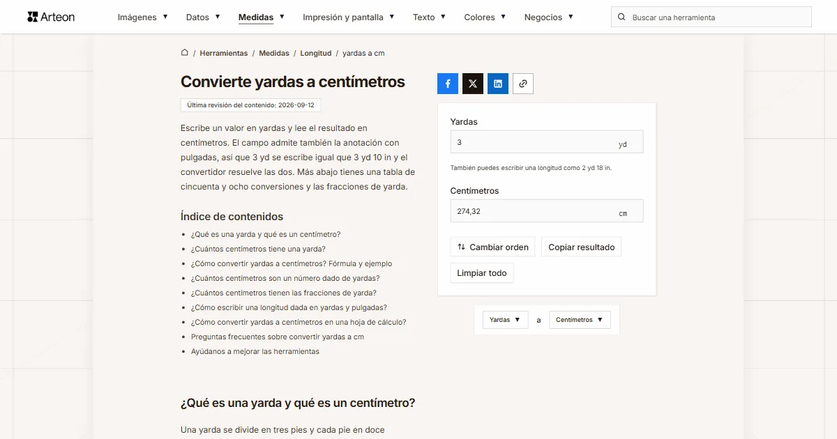 Captura de pantalla de la herramienta gratuita de Arteon: Convierte yardas a centímetros