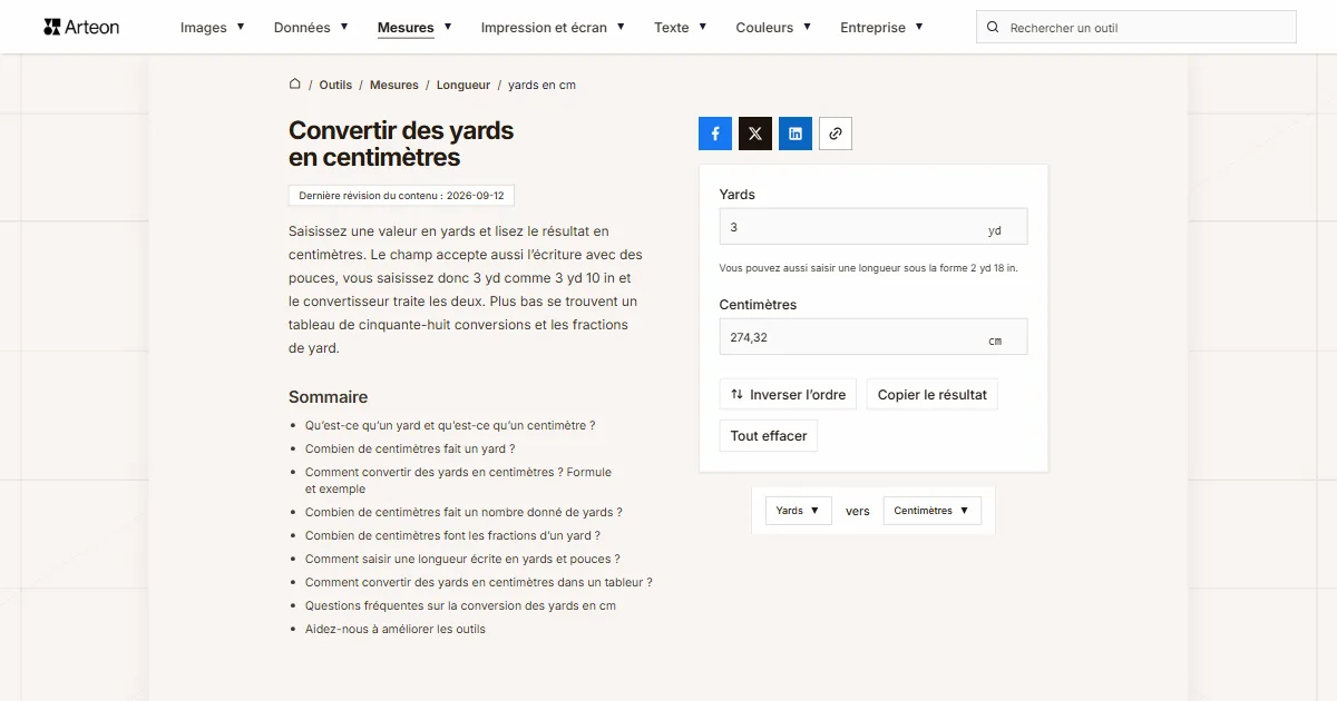 Capture d'écran de l'outil gratuit d'Arteon: Convertir des yards en centimètres
