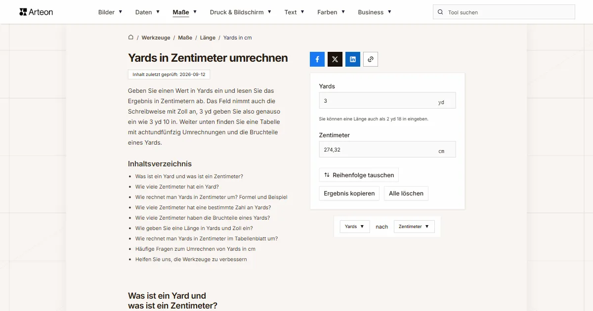 Screenshot des kostenlosen Arteon-Werkzeugs: Yards in Zentimeter umrechnen