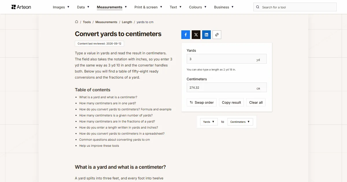 Arteon free tool screenshot: Convert yards to centimeters