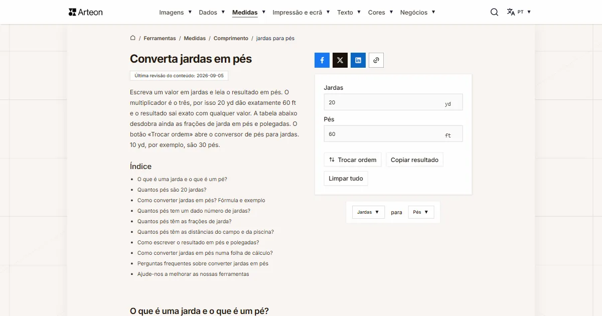 Captura de ecrã da ferramenta gratuita da Arteon: Converta jardas em pés