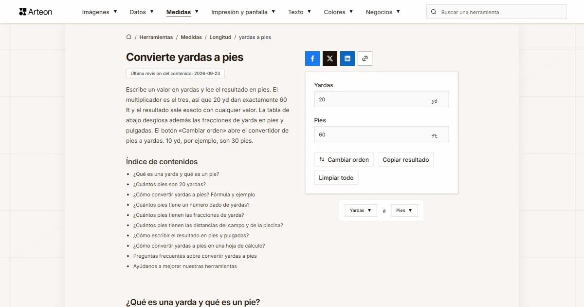 Captura de pantalla de la herramienta gratuita de Arteon: Convierte yardas a pies