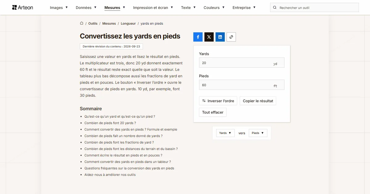 Capture d'écran de l'outil gratuit d'Arteon: Convertissez les yards en pieds