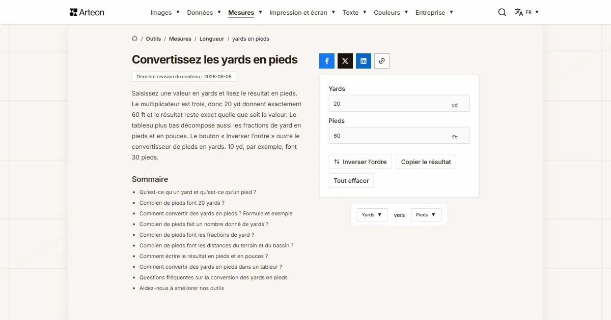 Capture d'écran de l'outil gratuit d'Arteon: Convertissez les yards en pieds