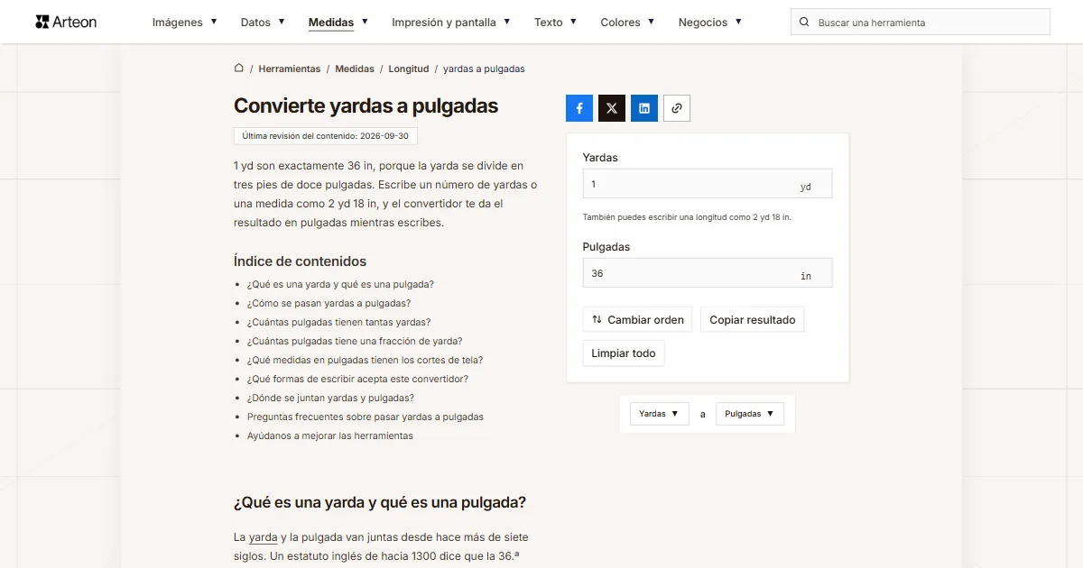 Captura de pantalla de la herramienta gratuita de Arteon: Convierte yardas a pulgadas