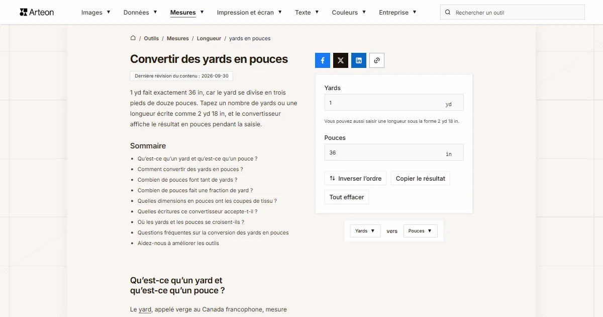 Capture d'écran de l'outil gratuit d'Arteon: Convertir des yards en pouces