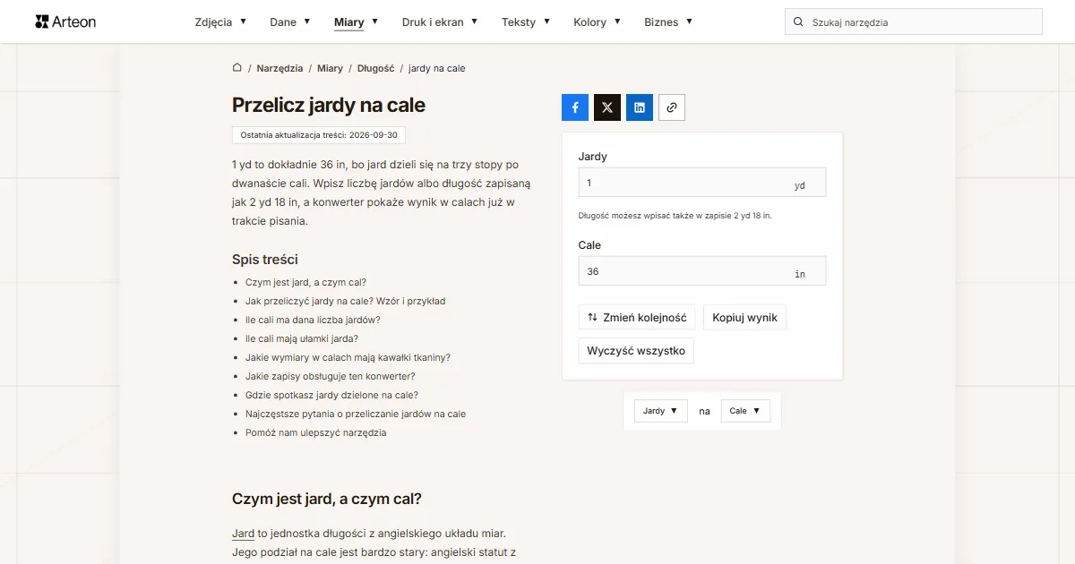 Zrzut ekranu darmowego narzędzia Arteon: Przelicz jardy na cale