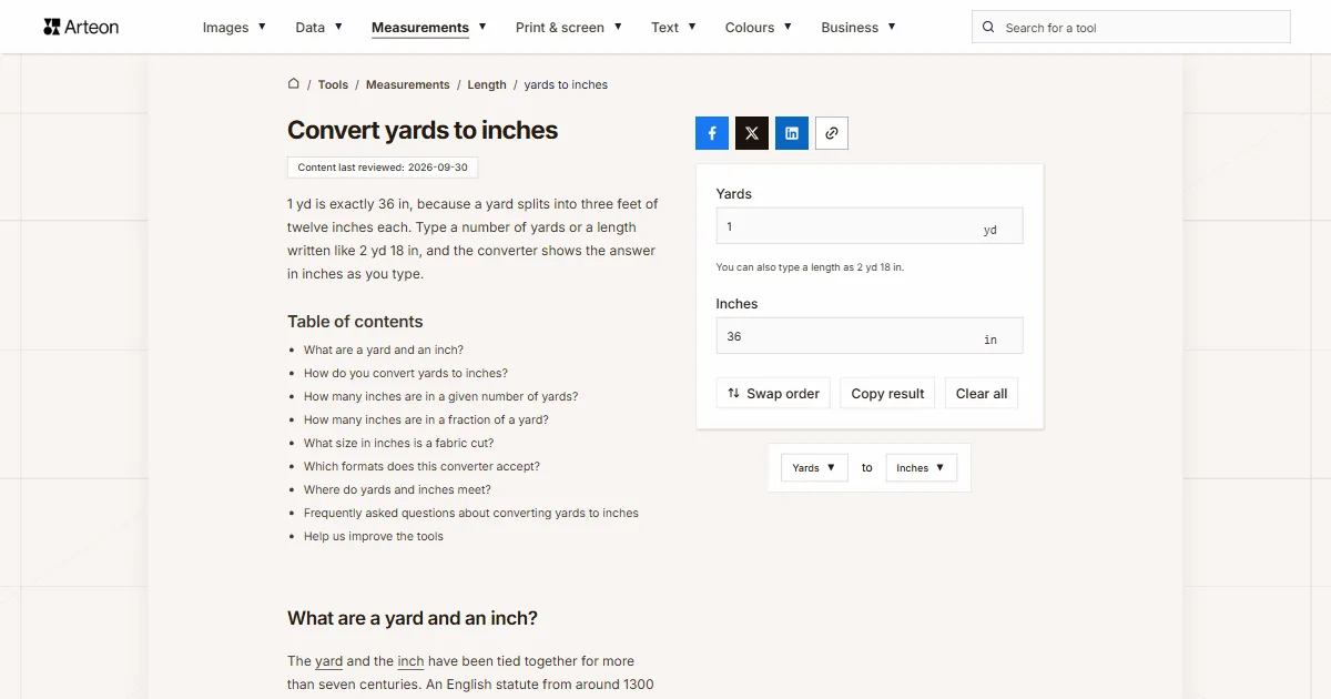 Arteon free tool screenshot: Convert yards to inches