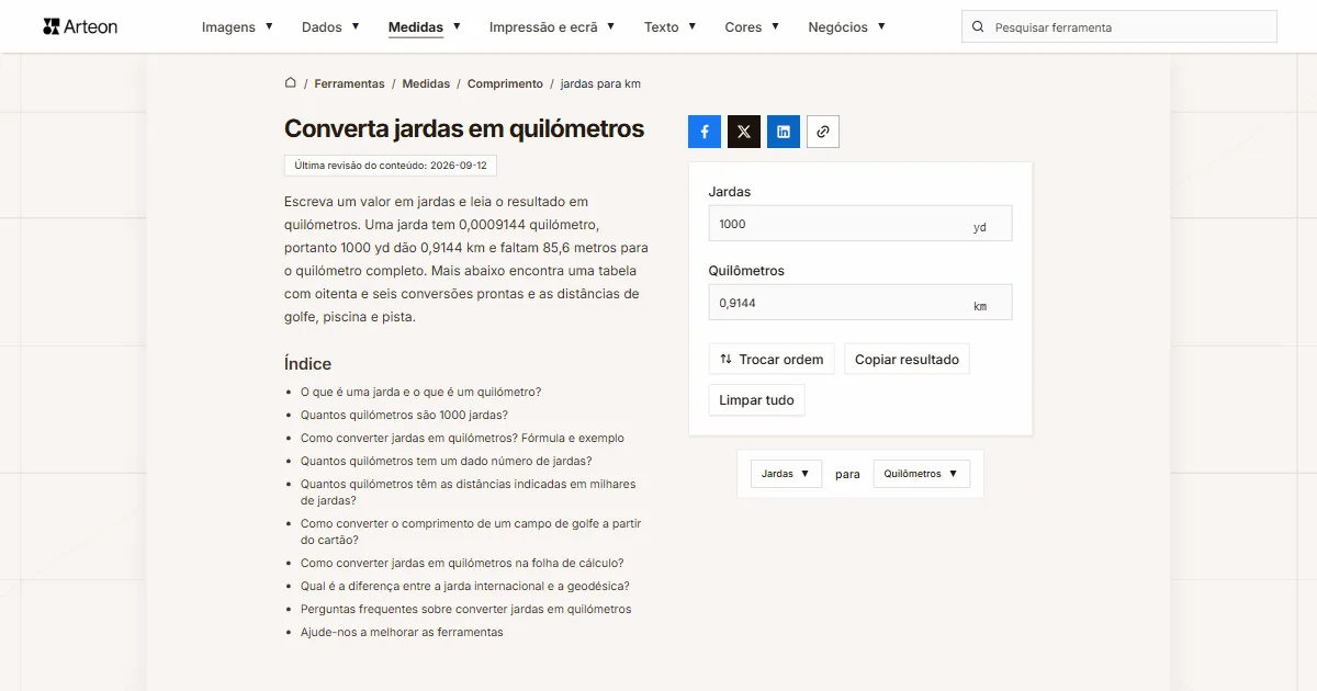 Captura de ecrã da ferramenta gratuita da Arteon: Converta jardas em quilómetros