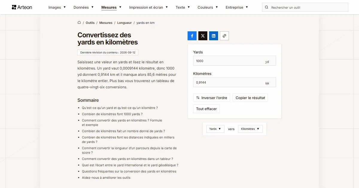 Capture d'écran de l'outil gratuit d'Arteon: Convertissez des yards en kilomètres