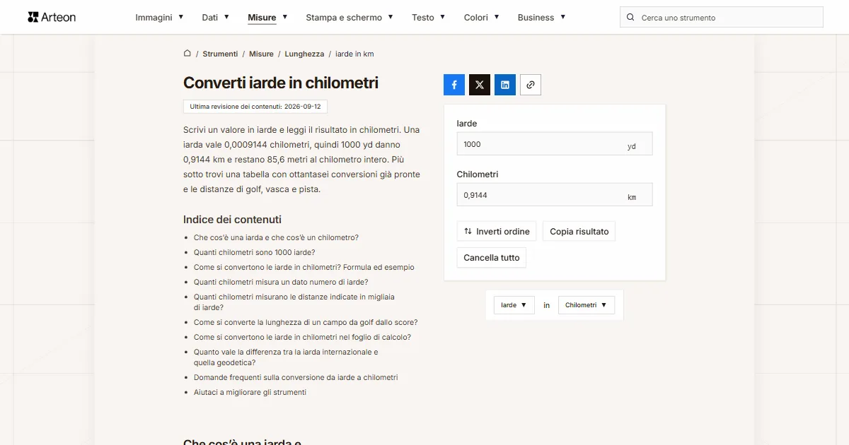 Screenshot dello strumento gratuito Arteon: Converti iarde in chilometri