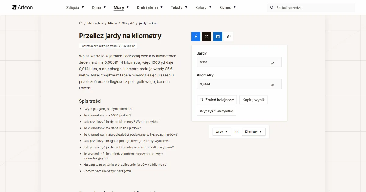 Zrzut ekranu darmowego narzędzia Arteon: Przelicz jardy na kilometry