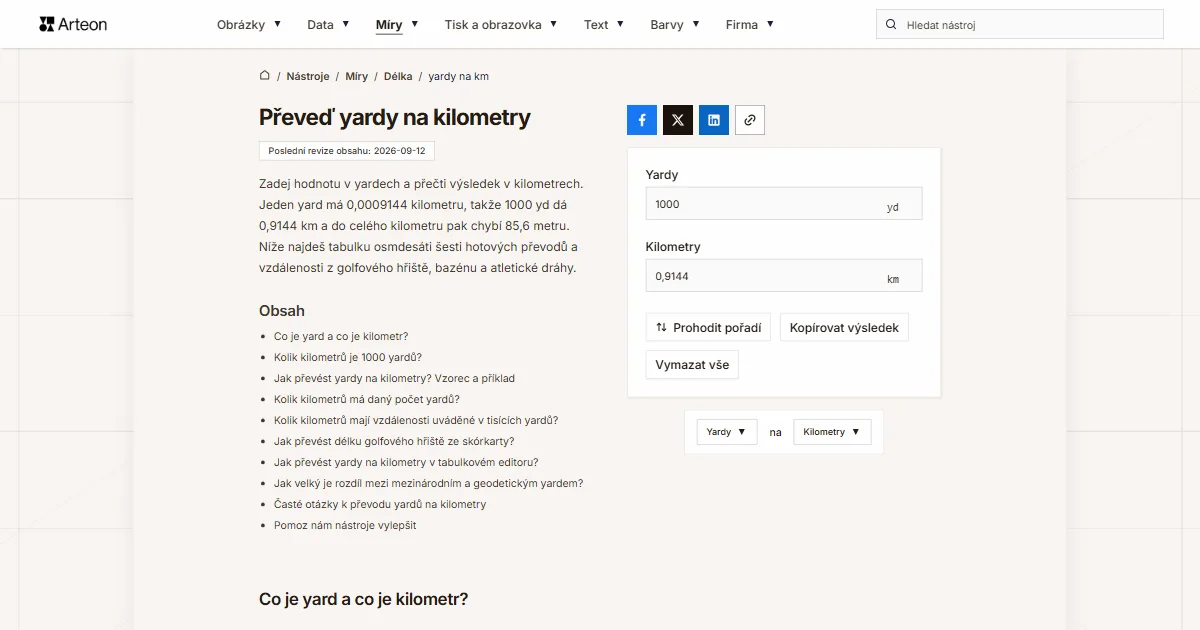 Snímek obrazovky bezplatného nástroje Arteon: Převeď yardy na kilometry