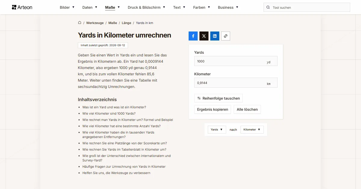 Screenshot des kostenlosen Arteon-Werkzeugs: Yards in Kilometer umrechnen