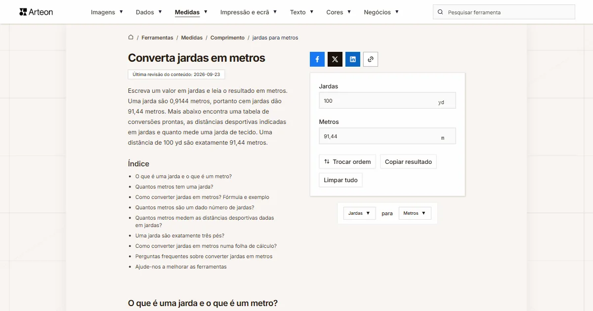 Captura de ecrã da ferramenta gratuita da Arteon: Converta jardas em metros