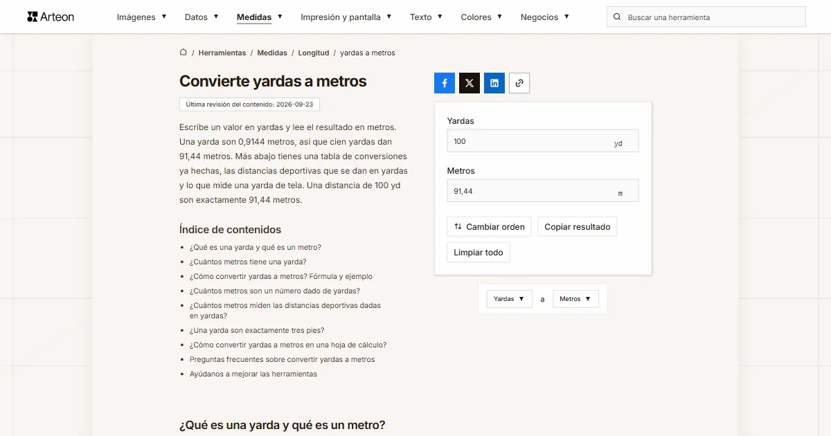 Captura de pantalla de la herramienta gratuita de Arteon: Convierte yardas a metros
