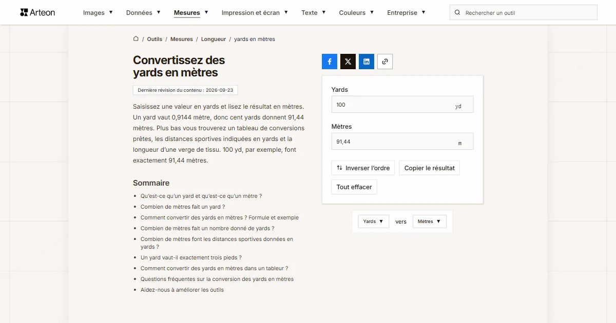Capture d'écran de l'outil gratuit d'Arteon: Convertissez des yards en mètres