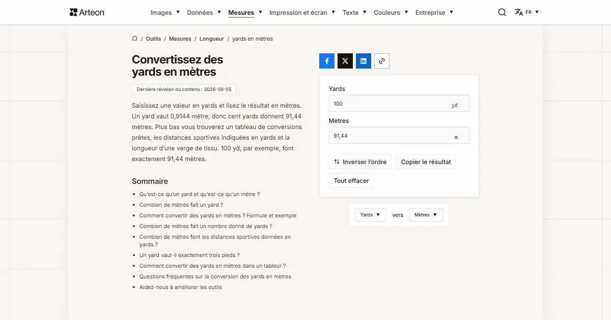 Capture d'écran de l'outil gratuit d'Arteon: Convertissez des yards en mètres
