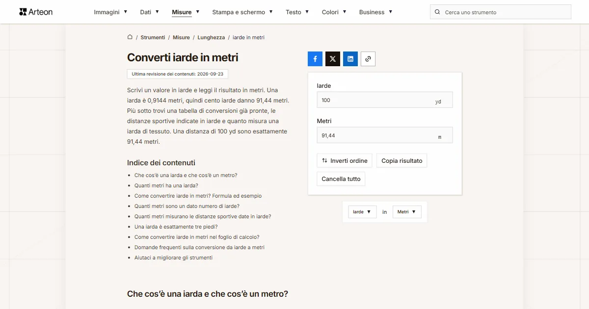 Screenshot dello strumento gratuito Arteon: Converti iarde in metri
