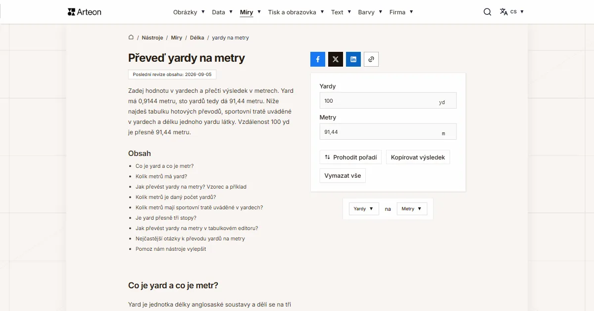 Snímek obrazovky bezplatného nástroje Arteon: Převeď yardy na metry