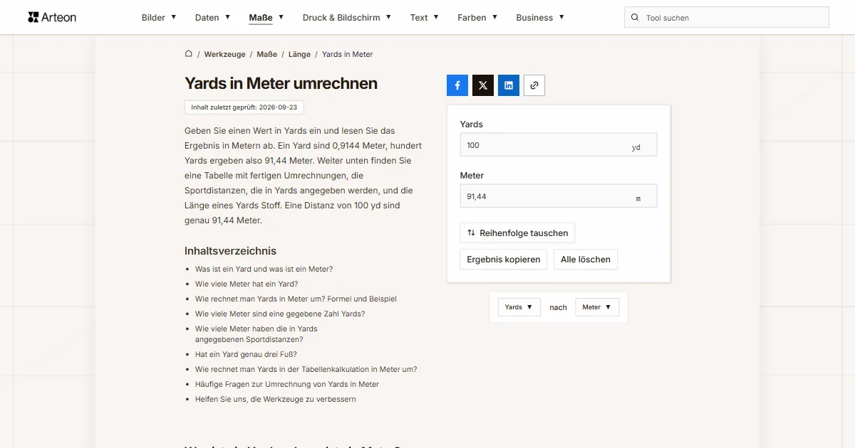 Screenshot des kostenlosen Arteon-Werkzeugs: Yards in Meter umrechnen