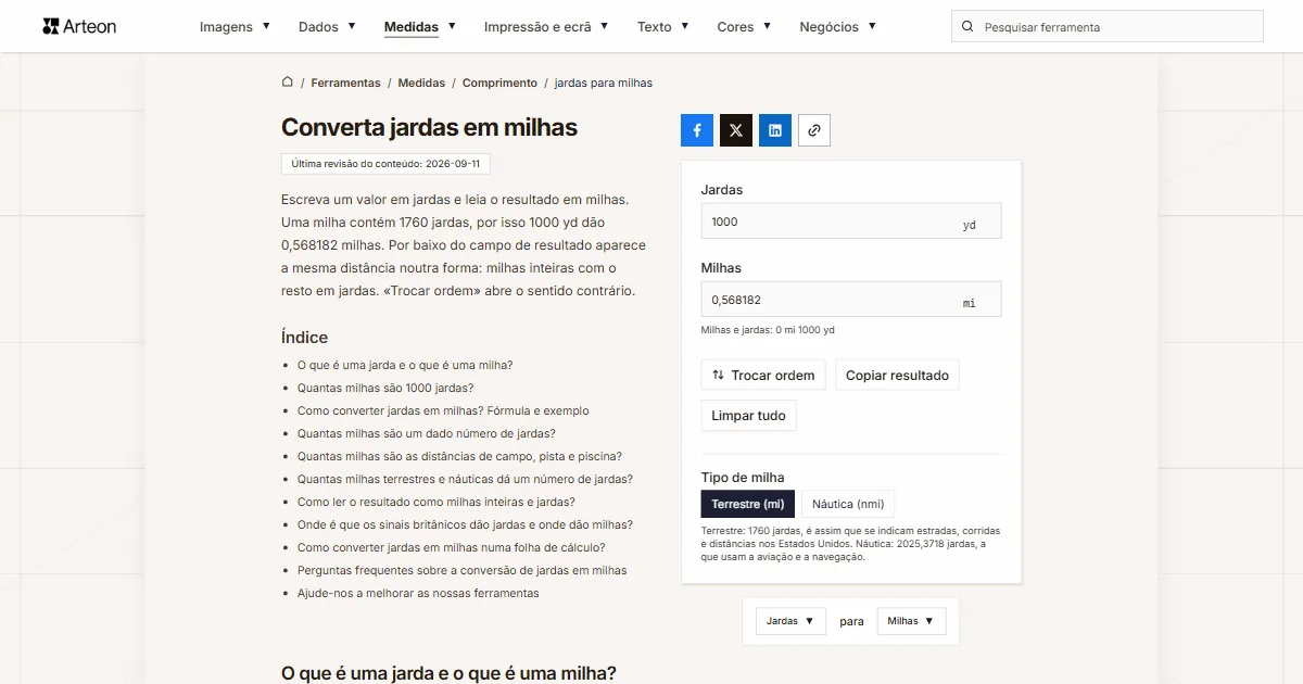 Captura de ecrã da ferramenta gratuita da Arteon: Converta jardas em milhas
