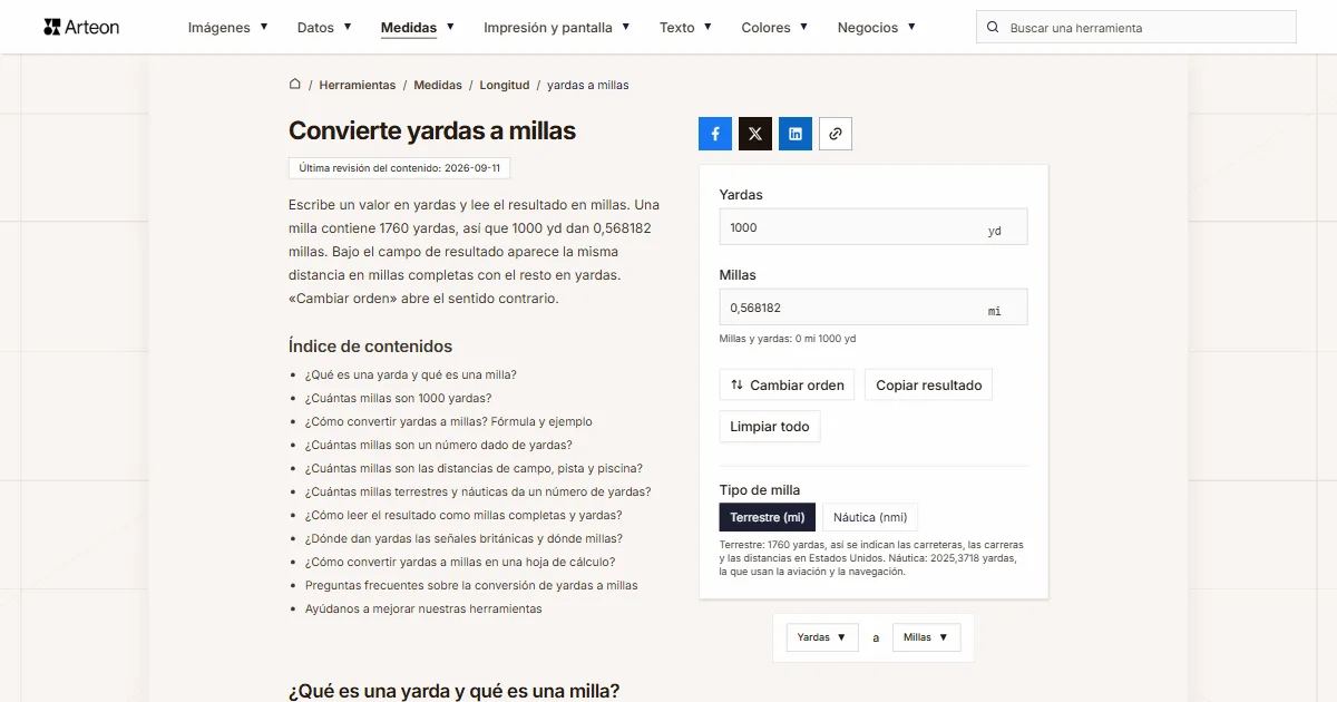 Captura de pantalla de la herramienta gratuita de Arteon: Convierte yardas a millas