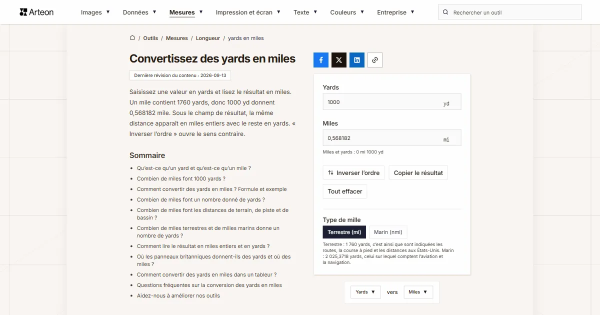Capture d'écran de l'outil gratuit d'Arteon: Convertissez des yards en miles