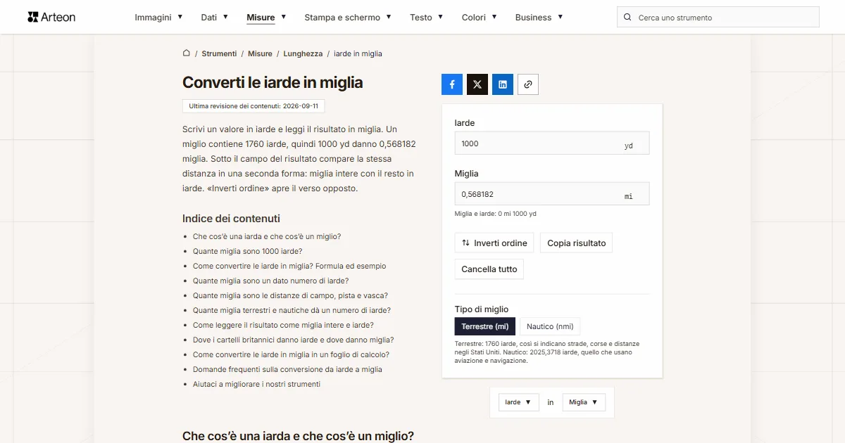 Screenshot dello strumento gratuito Arteon: Converti le iarde in miglia