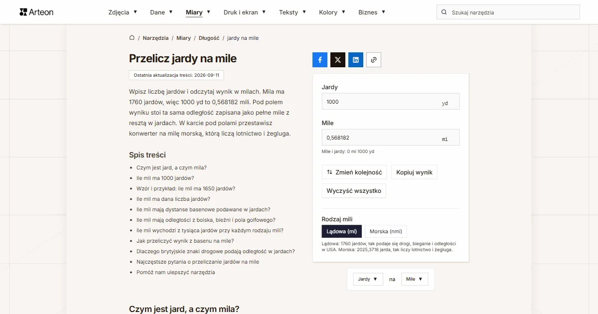 Zrzut ekranu darmowego narzędzia Arteon: Przelicz jardy na mile