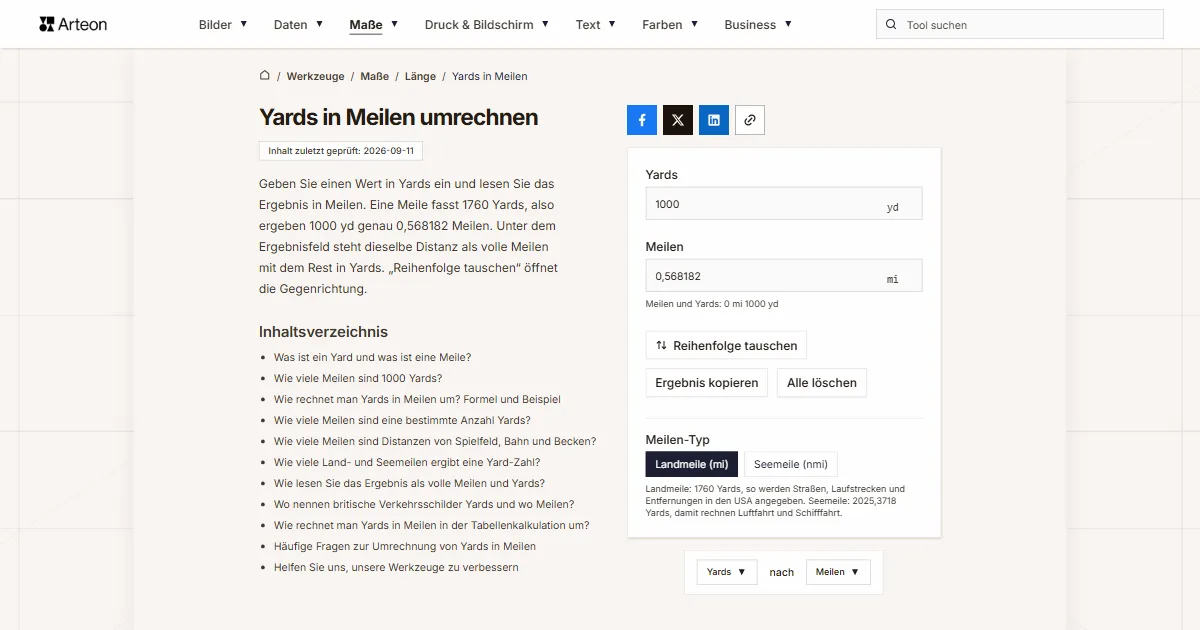 Screenshot des kostenlosen Arteon-Werkzeugs: Yards in Meilen umrechnen